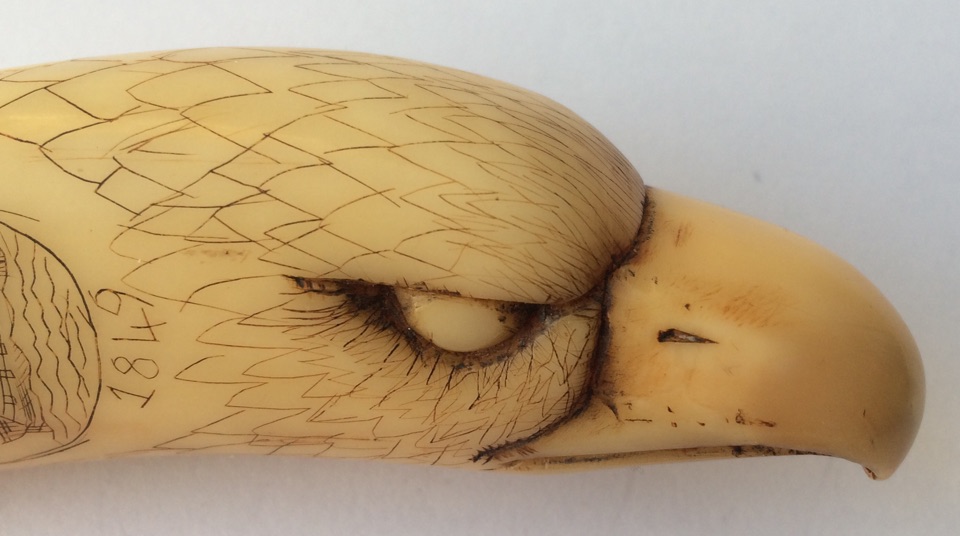 Antique Scrimshaw Tooth 3 5/8" (95mm) depicting Yankee Whaler 1849 and Whale Sounding. - Image 3 of 10