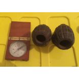 Pair of Inert Grenade Inkwells and Wooden Boxed Compass.