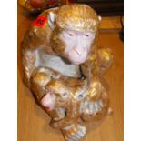 Antique Oriental Gilded Pottery Figure of a Monkey and Baby - 11 1/2" T - 9 1/2" W and 11 1/2" D.