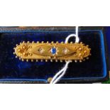 Antique 15ct Gold Sapphire and Diamond Bar Brooch - 43mm x 10mm total weight 3.8 grams.