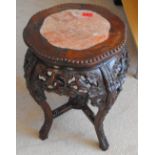 Antique Oriental Hardwood Jardinere Stand with Marble Top 20 inches tall and 17" at widest.