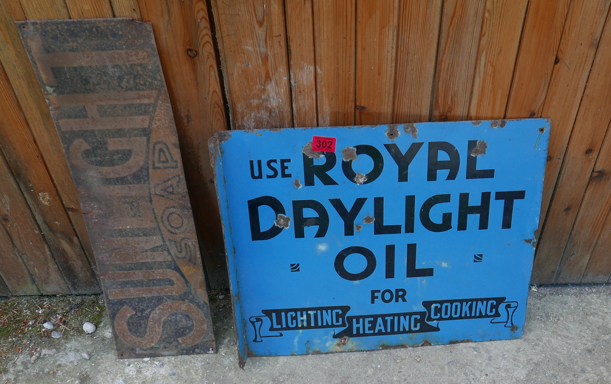 Vintage Double Sided Royal Daylight Oil Enamel Sign - 22" x 18 1/2" and Sunlight Tin Sign.