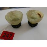Pair of Miniature Vintage Jade Cups on Wooden Stands - 50mm and 45mm high on stand.