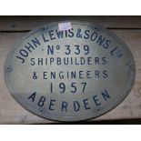 Vintage John Lewis&Sons Aberdeen - Shipbuilders Brass Plate No 339 dated 1957.