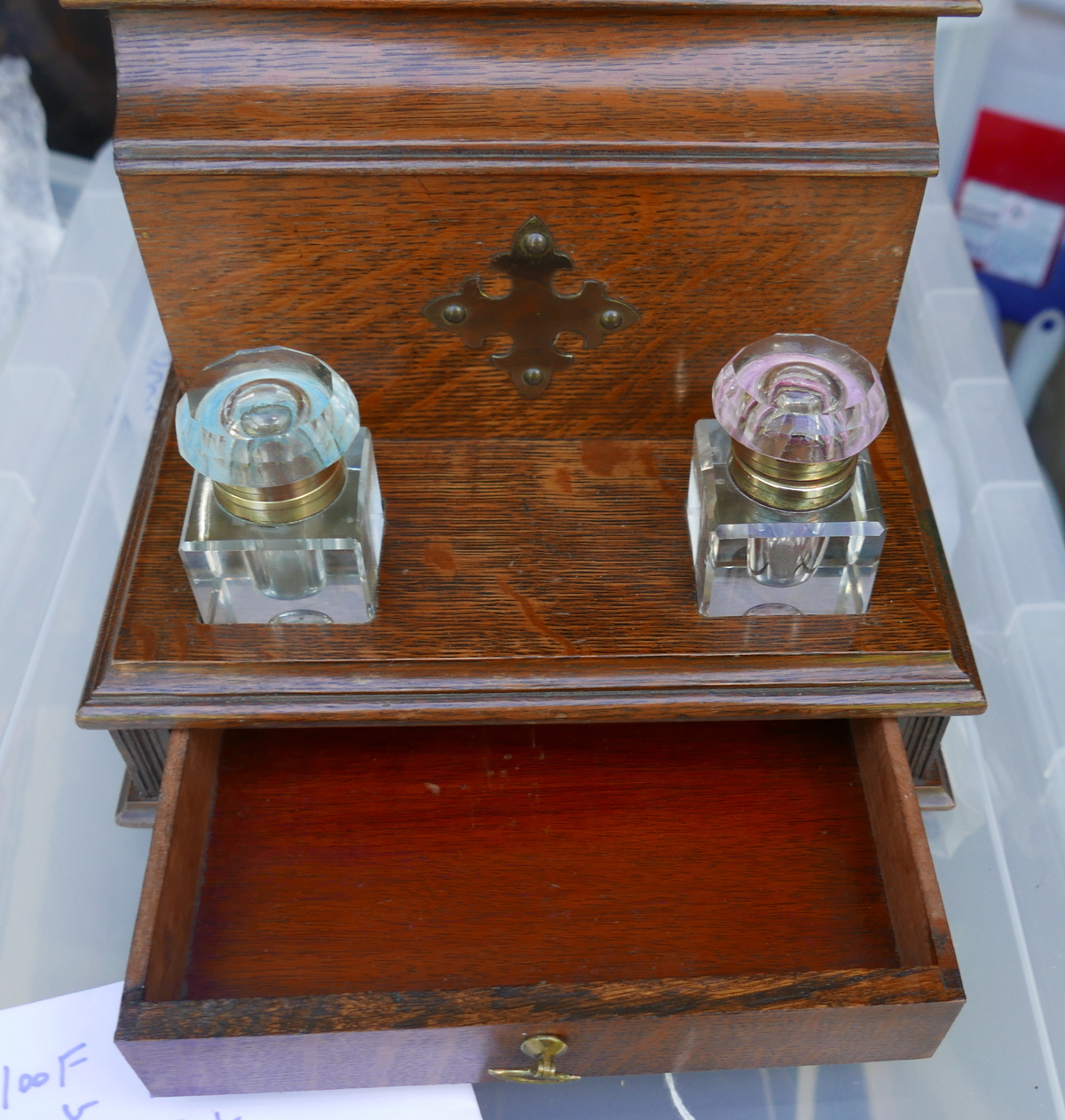 Antique Oak Desk Stationery Cabinet with Inkwells. - Bild 2 aus 4