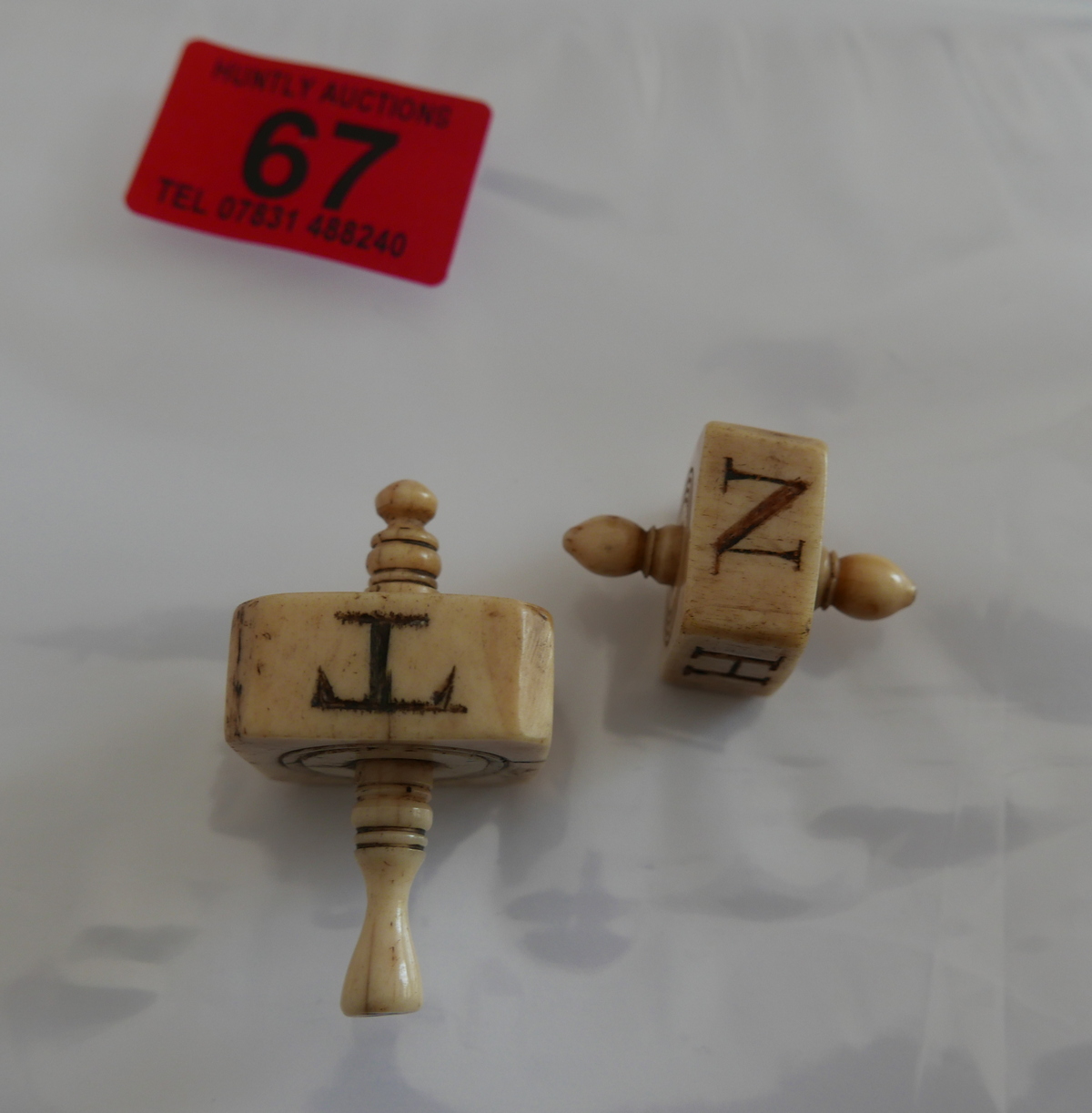 Pair of Antique Ivory Sailors Scrimshaw Gambling Spinners. - Image 2 of 6