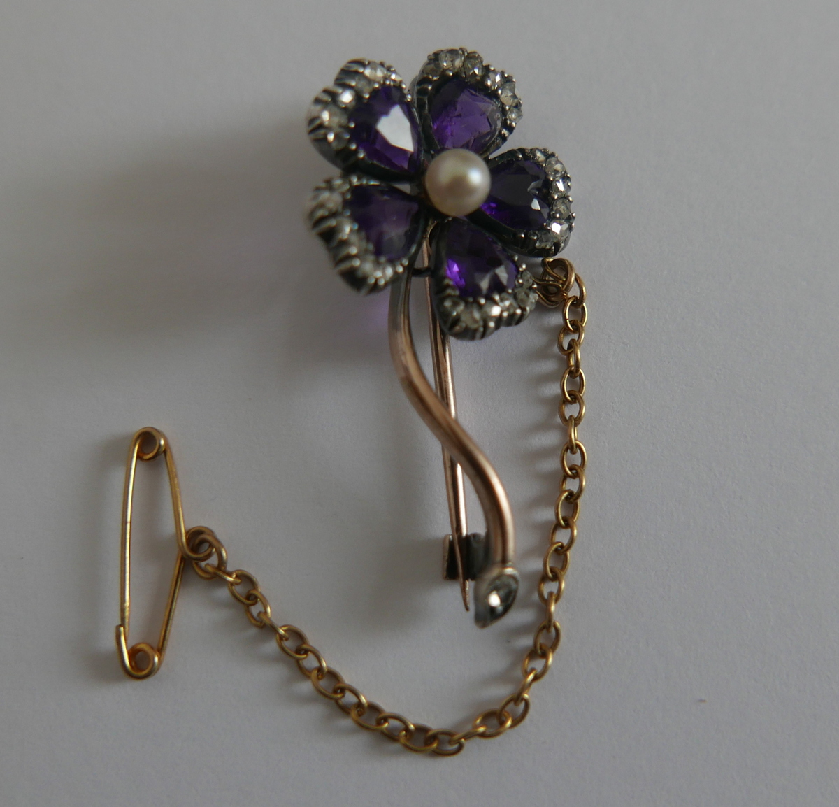 Antique Diamond-Amethyst and Pearl Brooch 34mm x 18mm.