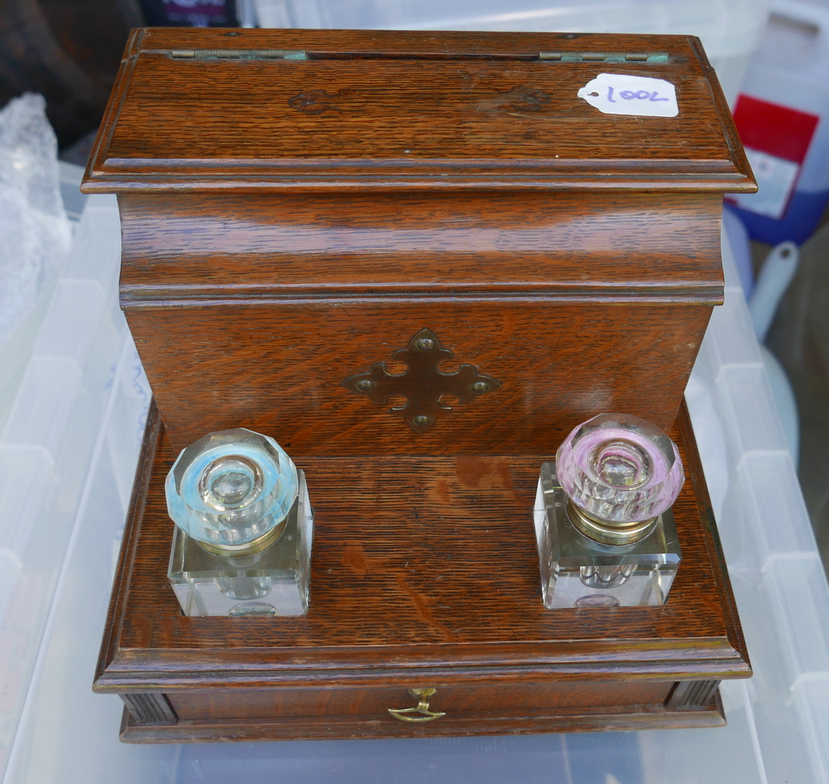 Antique Oak Desk Stationery Cabinet with Inkwells.