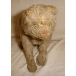 Early 20thC Steiff Jointed Cat with original underscored F button to ear - 11" long and 5 1/4" tall.