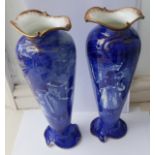 Antique Pair of Royal Doulton Blue and White Children Scene Vases - 11" tall.