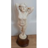 Vintage Ivory Nude Figure on Wooden Stand - 11 1/2" tall.