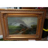 Large Gilt Framed Oil Painting of Highland Cattle "The Old Mill Stream - Loch Ord".