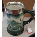 Antique Lenox Golfing Scene Mug with Silver Collar c1900 5 7/8" tall with damage.