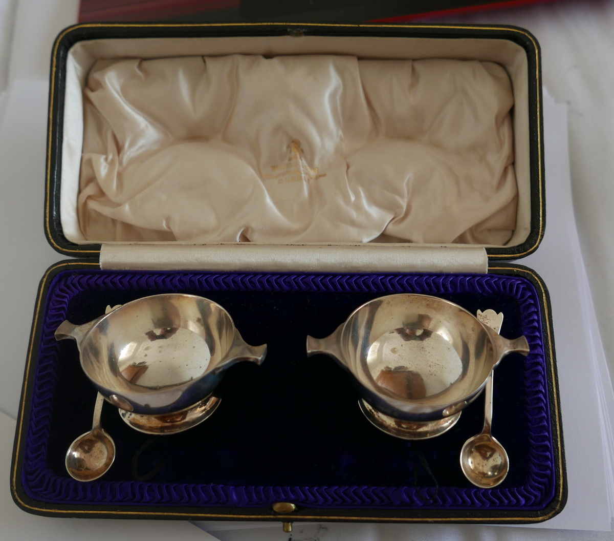 Antique Boxed Pair of Silver Quaichs and Silver Spoons c 1910.