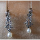 Antique Pair of Diamond, Marcasite and Pearl Earrings - 27mm drop.