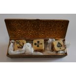 Antique Lot of 3 Ivory Sailors Scrimshaw Gambling Dice - with 22mm sides in a Gilt Box marked AF.