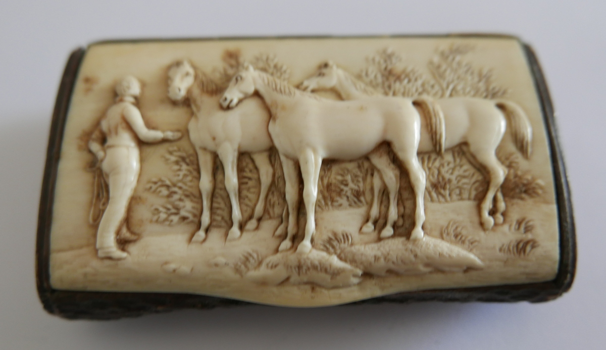 Antique Ivory and Wood Bark Snuff Box with Horse Scene - 100m x 60mm x 17mm.