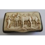 Antique Ivory and Wood Bark Snuff Box with Horse Scene - 100m x 60mm x 17mm.