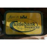 Vintage Castlebank Dyeworks Double Sided Enamel Sign 35" x 23" with original metal wall hanging.