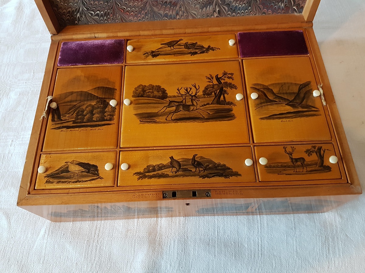 Charles Stiven of Laurencekirk c1830 Mauchline Ware Pen and Ink Sewing Box 30cmx20cmx10cm