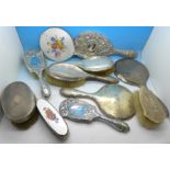 Five silver brushes and four silver mirrors,