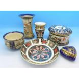A Royal Crown Derby Imari circular lidded pot, pin dish, miniature vase, a/f,
