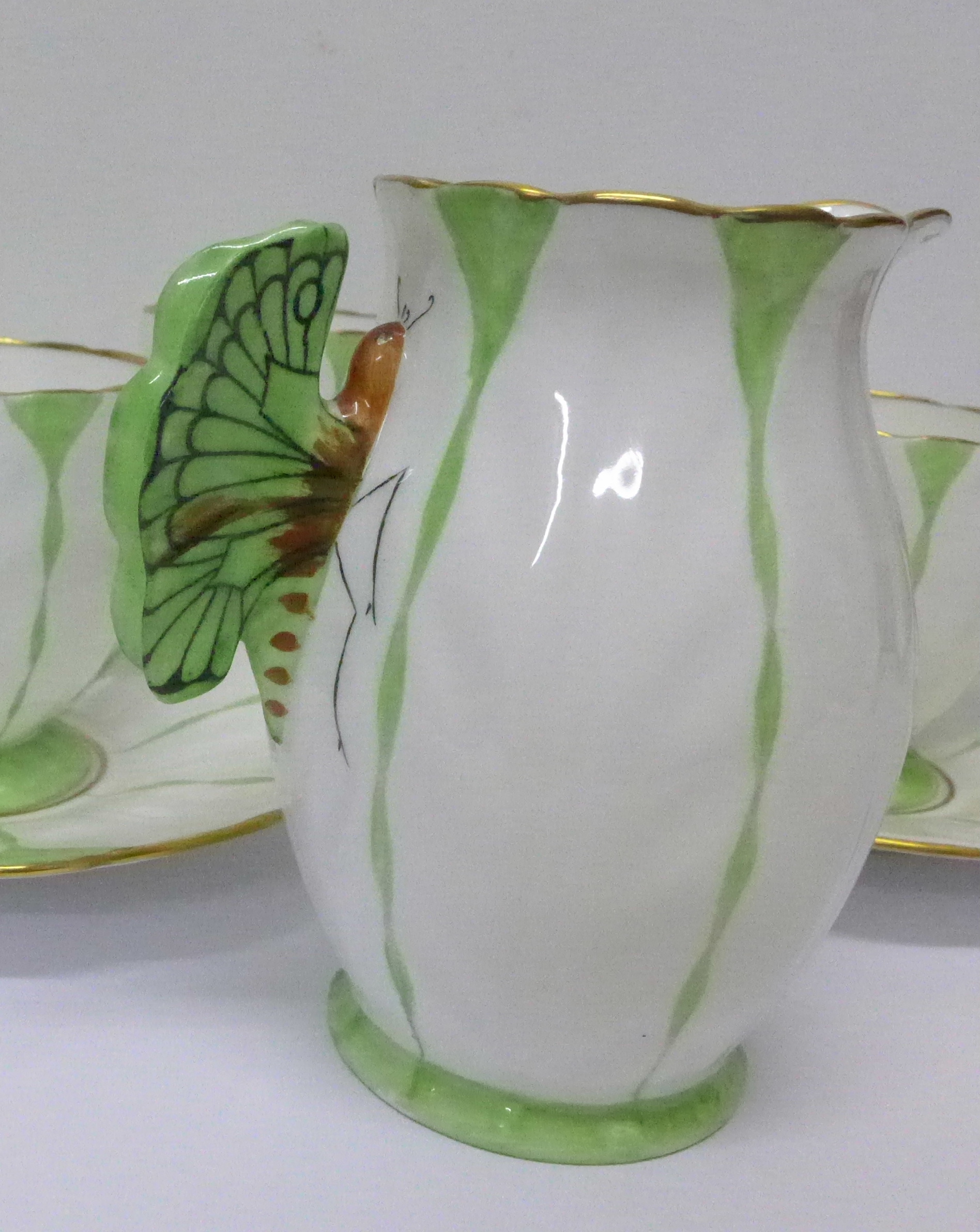 A rare Aynsley Green Harlequin Art Deco butterfly handle six setting coffee set, - Image 12 of 15