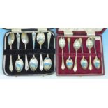 Two cases of six silver spoons, coffee and tea,