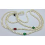 A long pearl and hardstone set necklace,