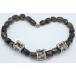 A silver and smoky quartz large bead necklace