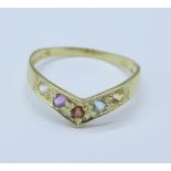 A 9ct gold and multi-coloured stone set ring, 1g,