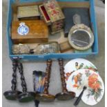 Two pairs of wooden candlesticks, boxes, Barbola mirror, Haig's ship in bottle, etc.