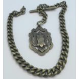 A silver watch chain and fob, hook missing,