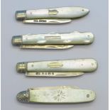 Four silver and mother of pearl fruit knives