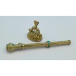 A 9ct gold fob and a yellow metal propelling pencil, fob 1.