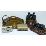 A pair of Carl Zeiss Jena 8x30 binoculars, a pair of Delacroix binoculars, camera, spectacles,