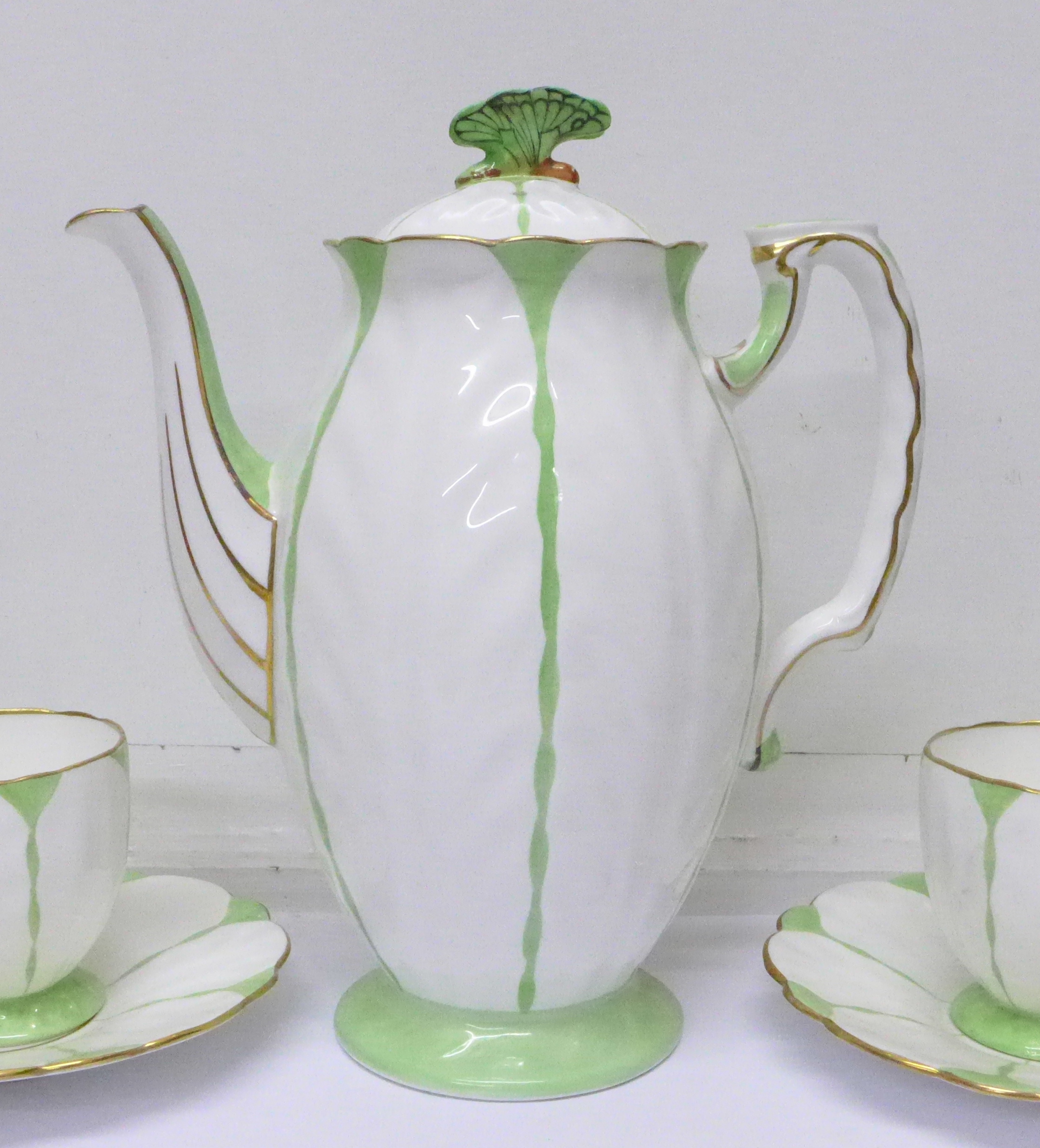 A rare Aynsley Green Harlequin Art Deco butterfly handle six setting coffee set, - Image 3 of 15
