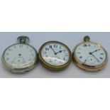 A rolled gold pocket watch, a silver pocket watch and a movement,