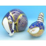 Two Royal Crown Derby paperweights, badger and wren,