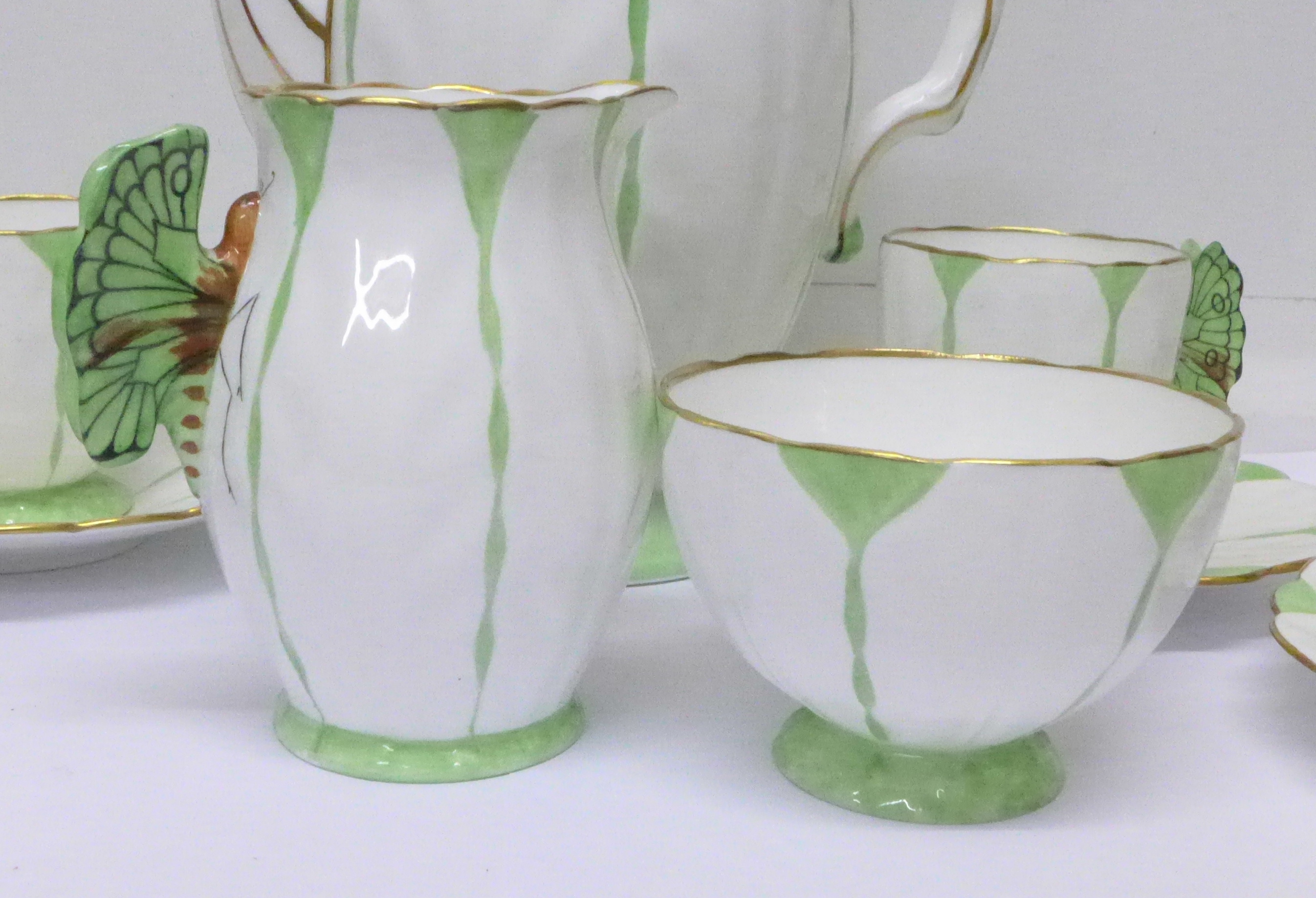 A rare Aynsley Green Harlequin Art Deco butterfly handle six setting coffee set, - Image 2 of 15