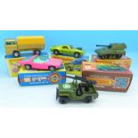 Five boxed Matchbox cars, Armoured Jeep, Self-Propelled Gun, AMX Javelin,