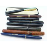 Eight fountain pens, six with 14ct gold nibs including Watermans,