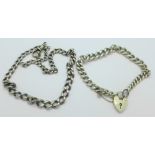 A graduated silver bracelet and silver watch chain, a/f,