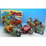 Tin plate and plastic toy motorcycles including Spiderman