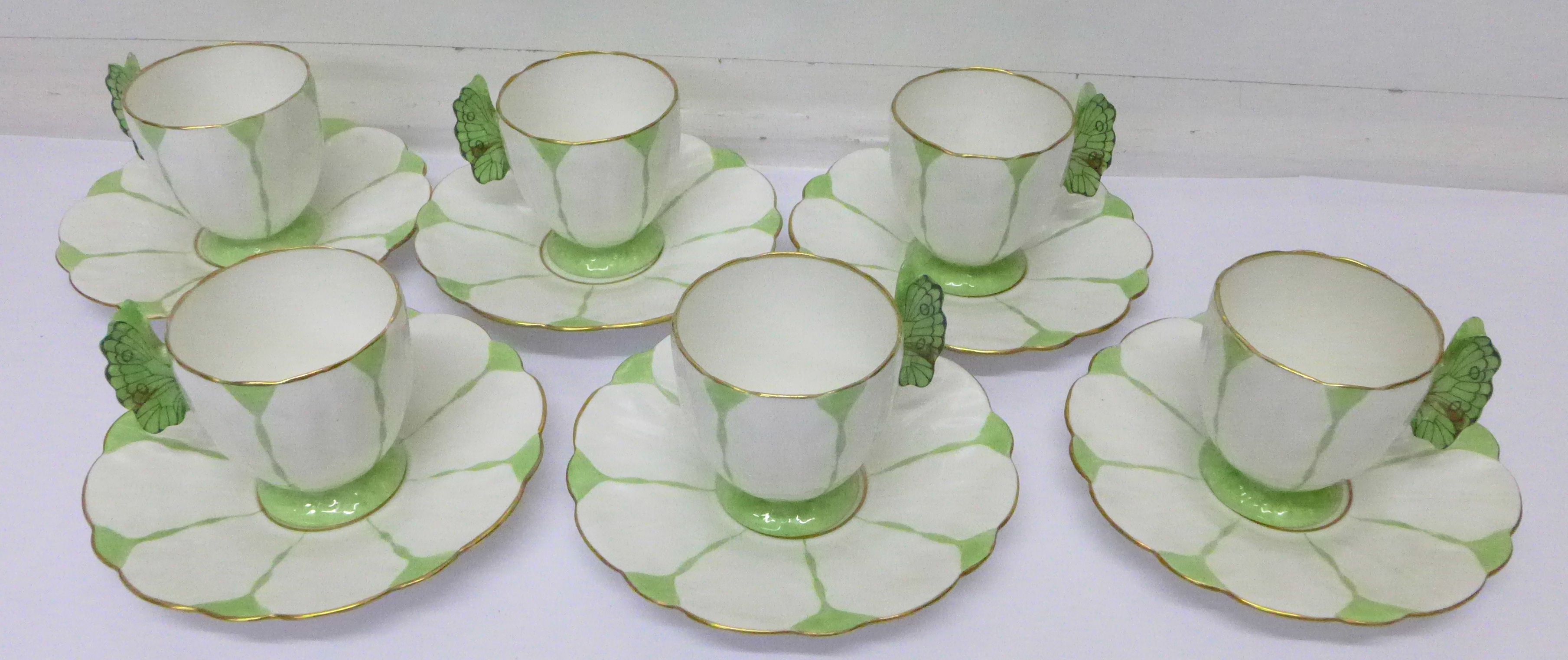 A rare Aynsley Green Harlequin Art Deco butterfly handle six setting coffee set, - Image 11 of 15