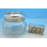 A silver topped globular glass jar and a plated matchbox holder