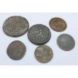 Six coins including George III, Greek, etc.