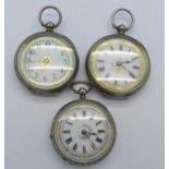 Three silver fob watches