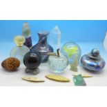 Three crystals, two paperweights, two perfume bottles, glass vase, mineral ball on stand,