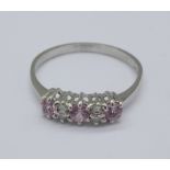 A 9ct white gold, diamond and pink stone ring, 2.